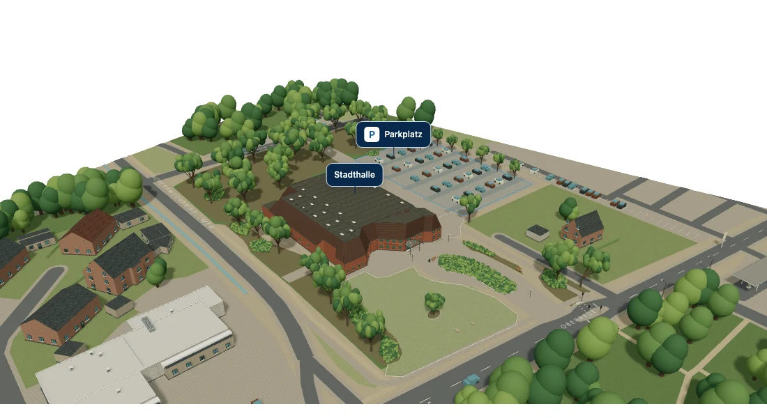 3D-Modell der Stadthalle Elsfleth mit Eingang, Vorplatz, Parkplatz und den direkt angrenzenden Straßen